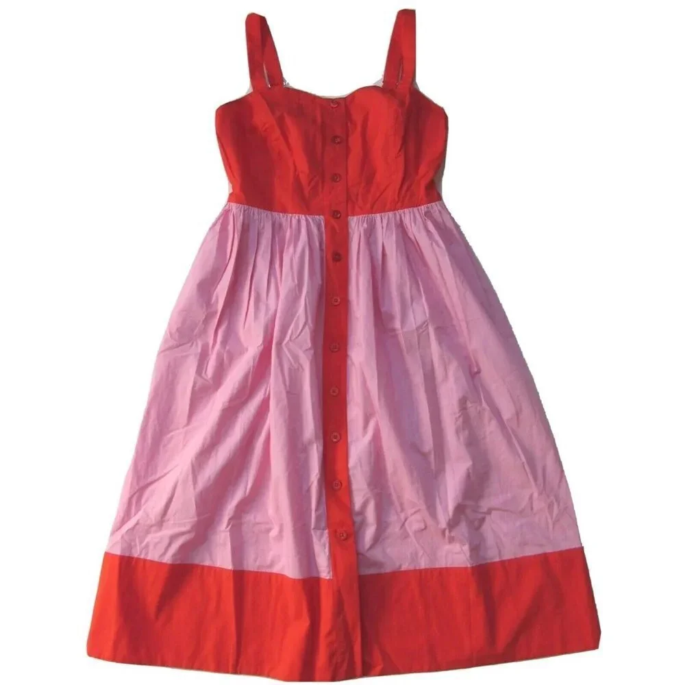 NWT Kate Spade Colorblock Poplin Sundress in Lava Red Pink Cotton Shirt Dress 10